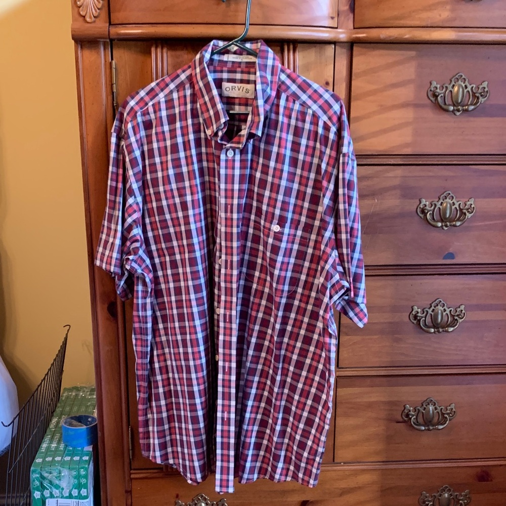 Orvis Men's Casual Red and White Plaid Shirt